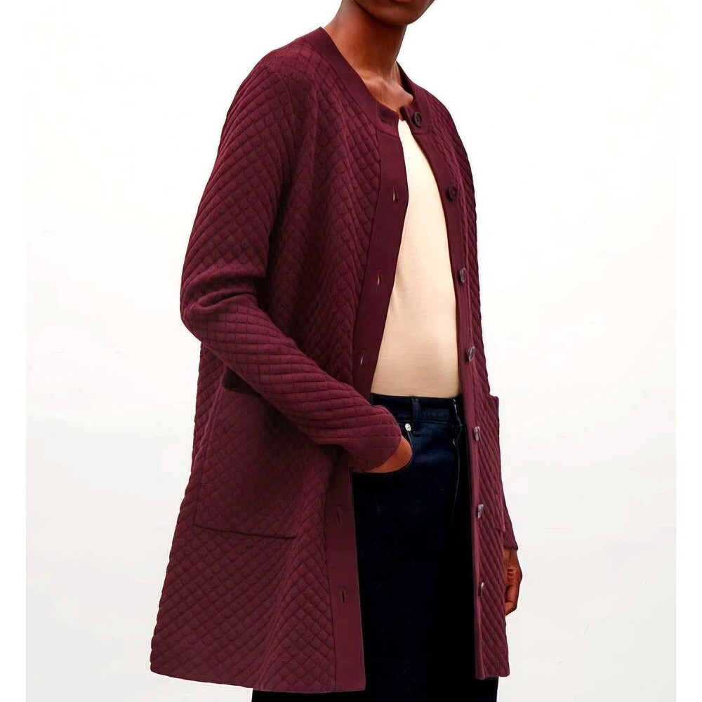 COS Women Burgundy Long Textured Knit Cardigan Button Front Duster Quiet Luxury